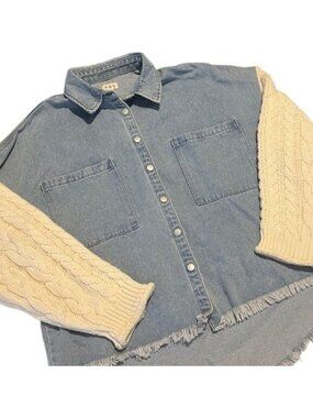 POL Blue Denim Cable Knit Sweater Sleeves Frayed Hem Top Size Small
